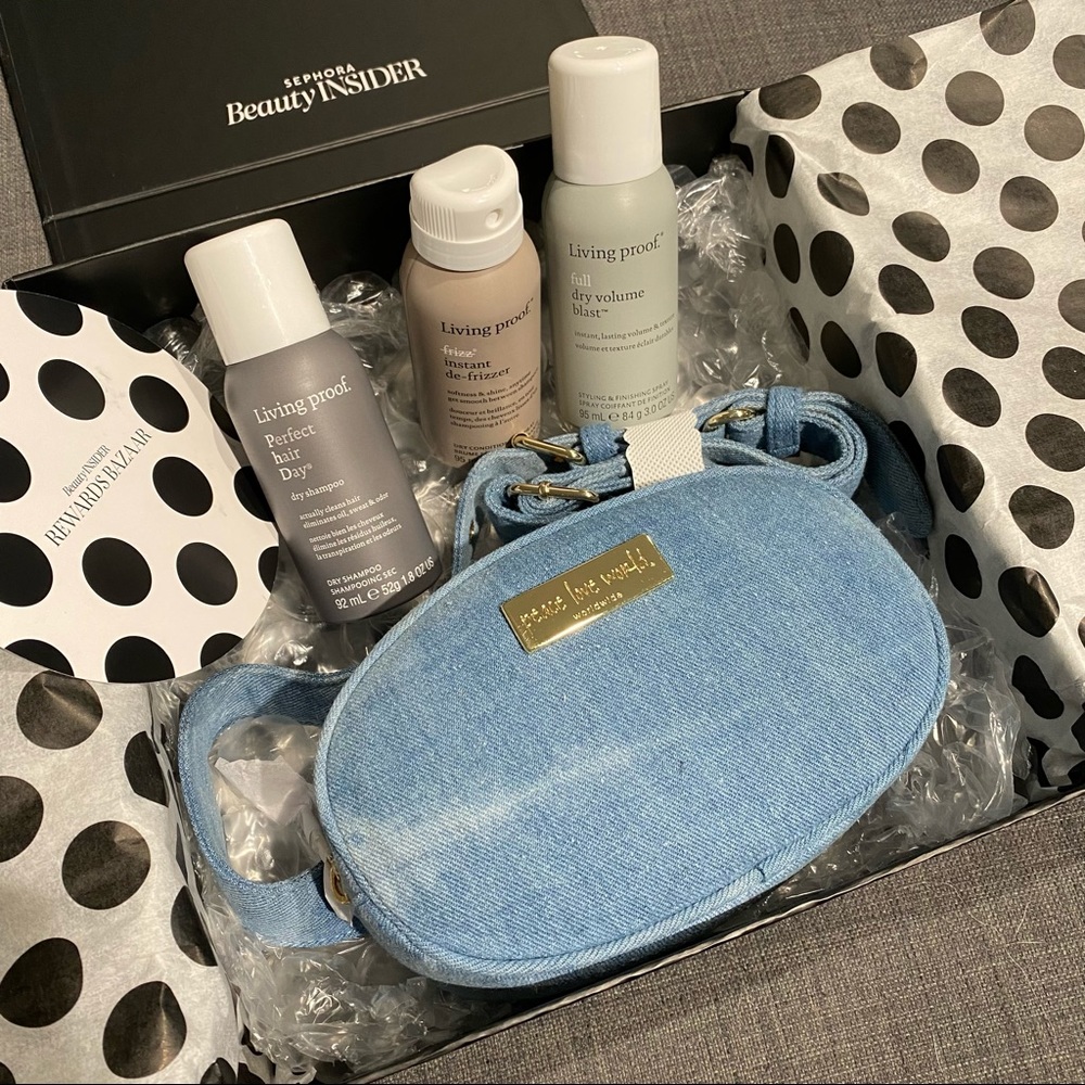 Sephora gift box Living proof set & denim waist bag